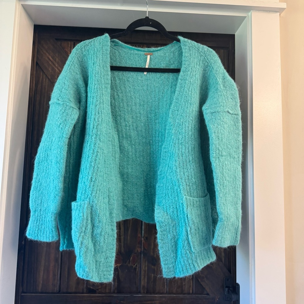 Free People Alpaca Alpaga Teal Turquoise Open-Front Cardigan